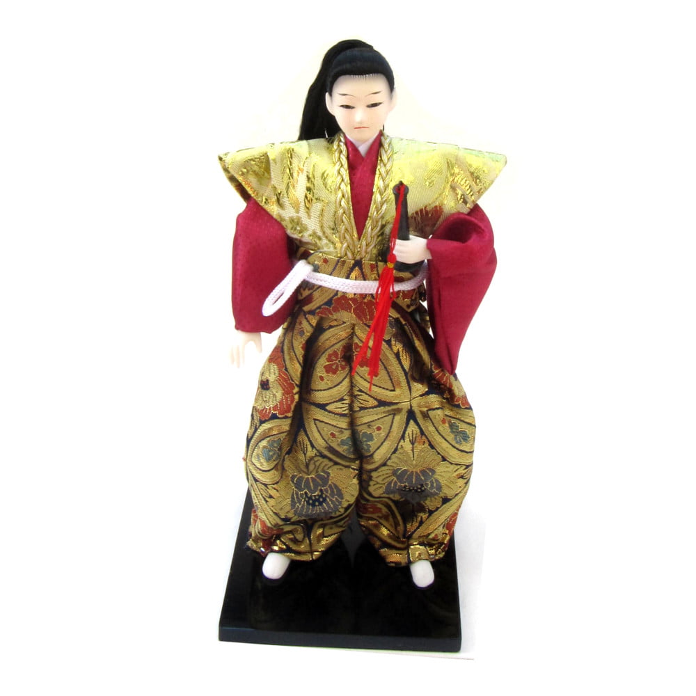 Boneco Japonês Samurai com Com Kimono Vinho, Dourado e com detalhes Florais - 30 cm