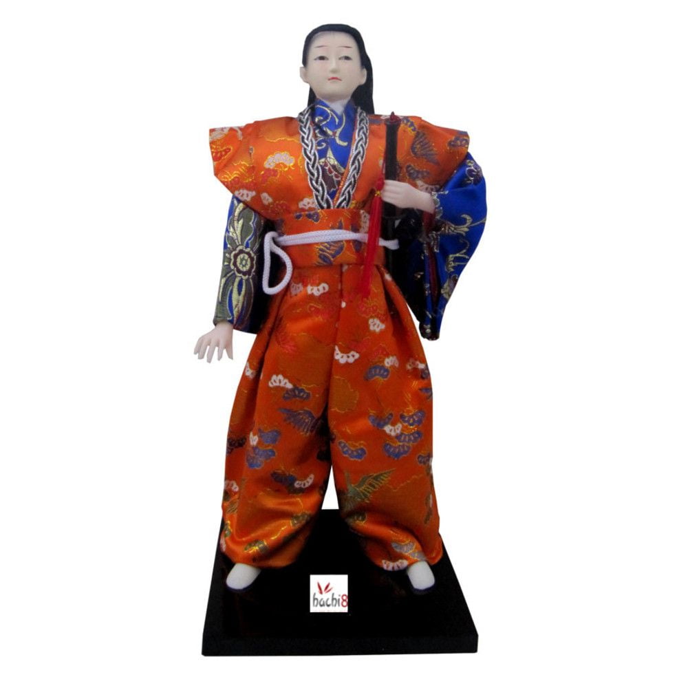 Boneco Japonês Samurai com Kimono Azul e Laranja com detalhes Fênix - 30 cm