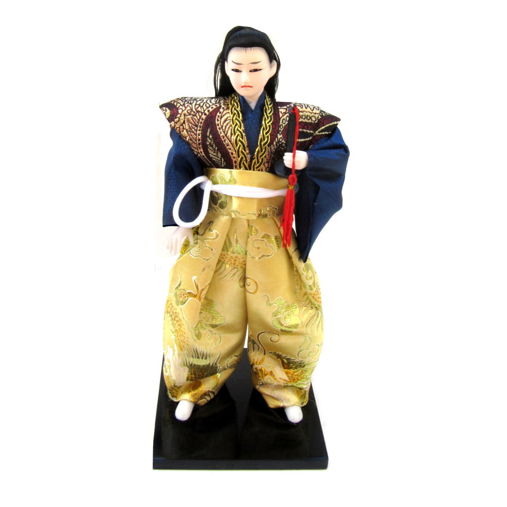 Boneco Japonês Samurai com Kimono Dourado e Azul e Espada - 30 cm