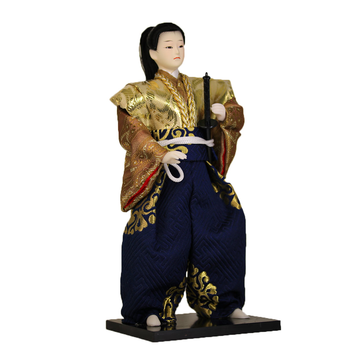 Boneco Japonês Samurai com Kimono Dourado, Marrom Azul - 30 cm
