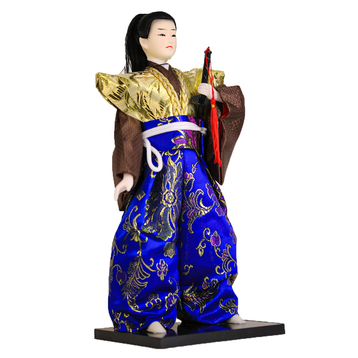 Boneco Japonês Samurai com Kimono Dourado, Marrom Azul e Espada - 30 cm