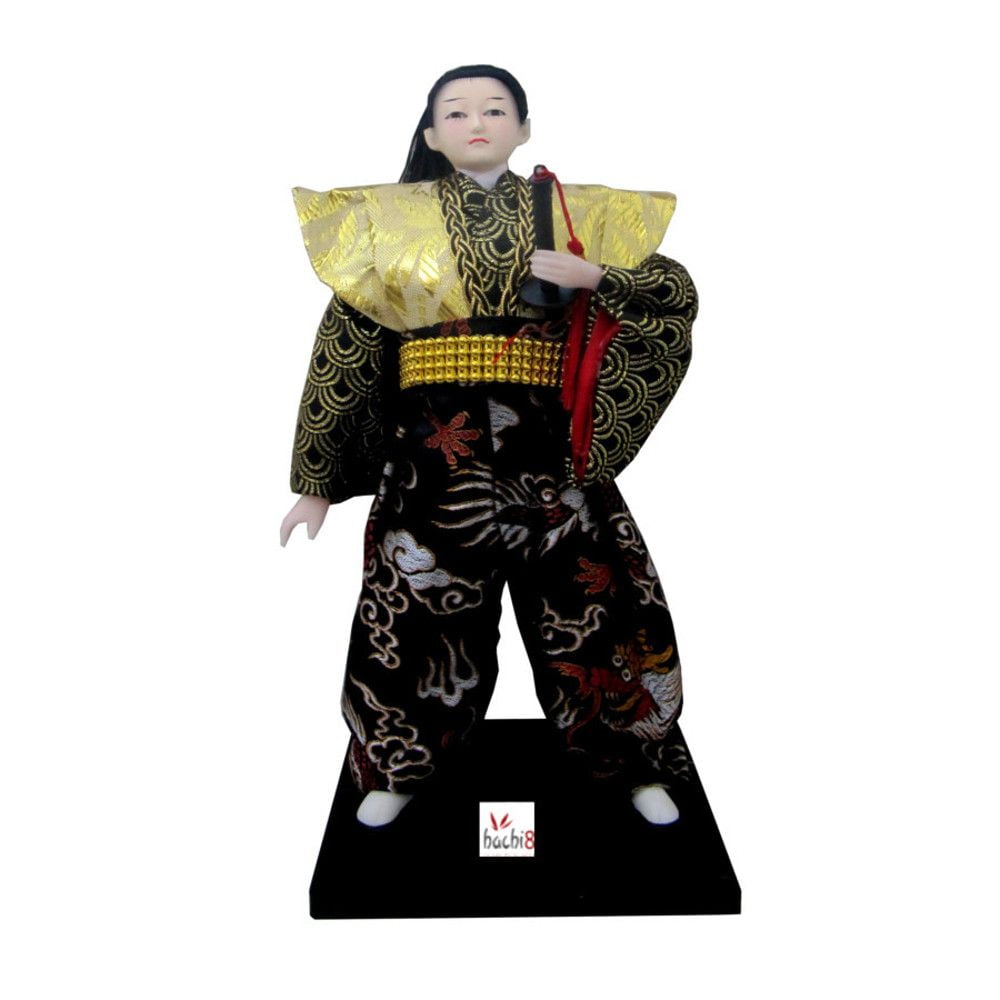 Boneco Japonês Samurai com Kimono Preto e Dourado com detalhes Dagrão - 30 cm