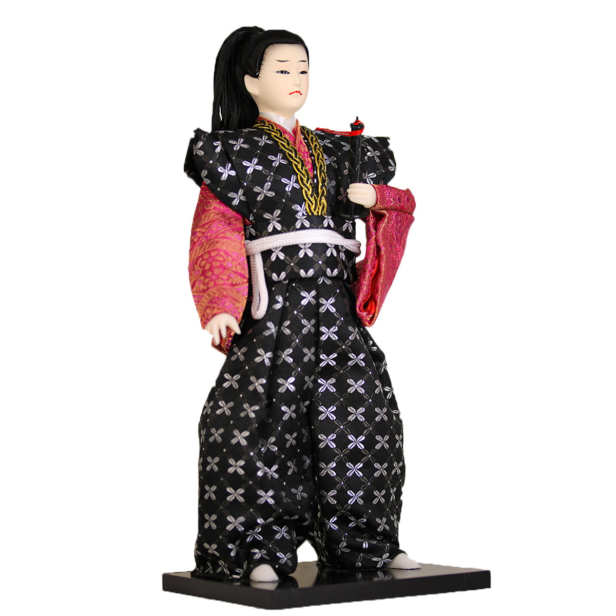 Boneco Japonês Samurai com Kimono Preto, Rosa e Espada - 30 cm