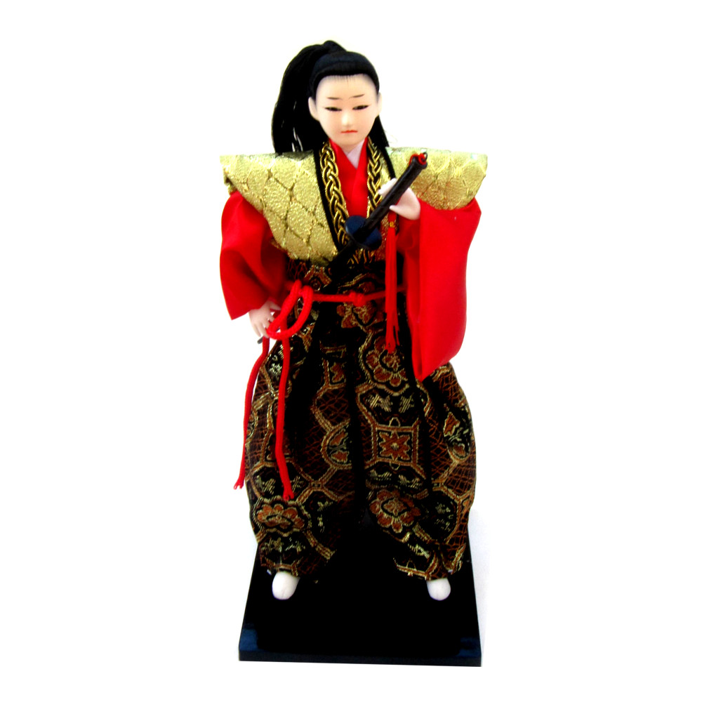 Boneco Japonês Samurai com Kimono Preto, Vermelho e Dourado com detalhes Flores - 30 cm