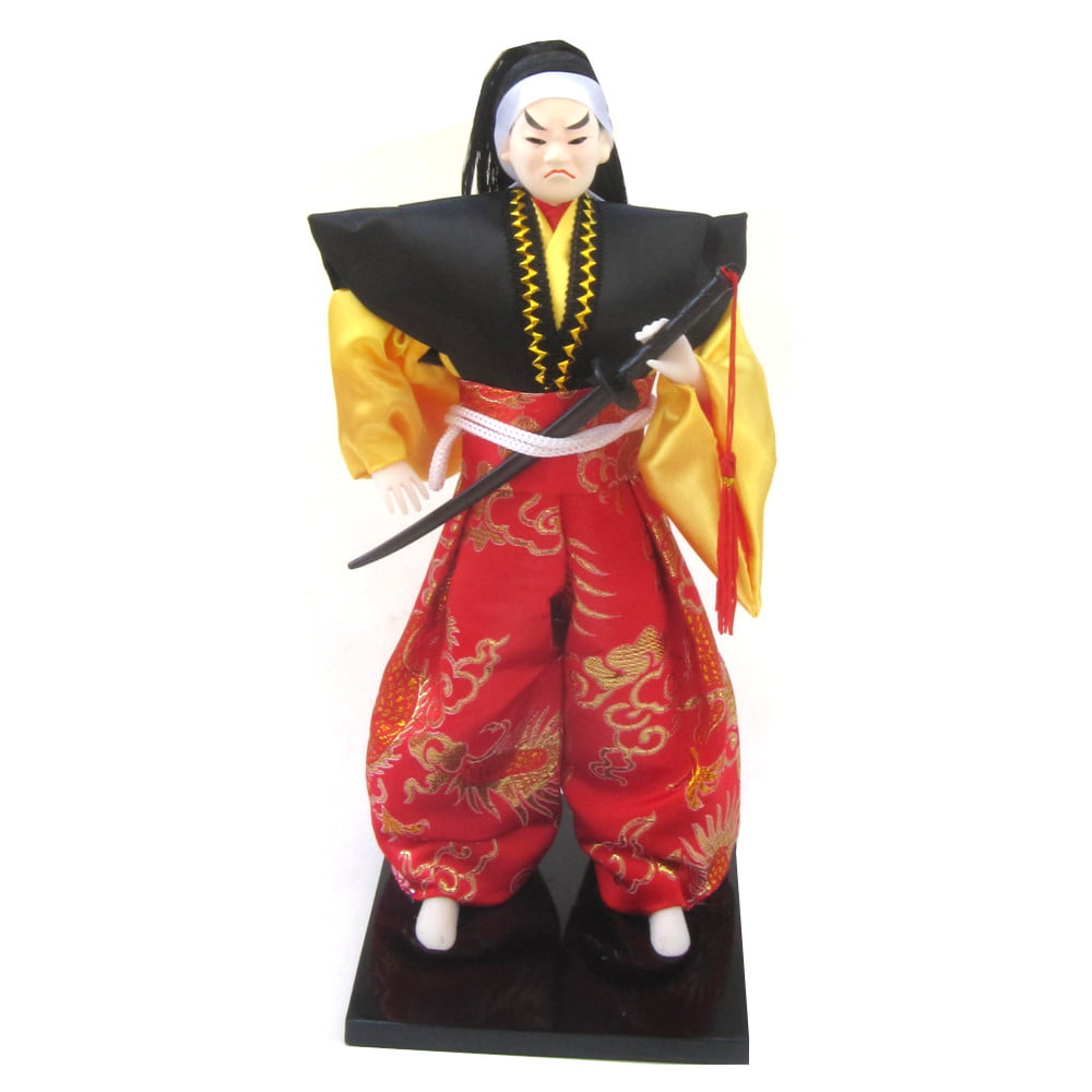 Boneco Japonês Samurai Invocado com Kimono Vermelho, Amarelo e Preto e Espada Oriental - 30 cm 