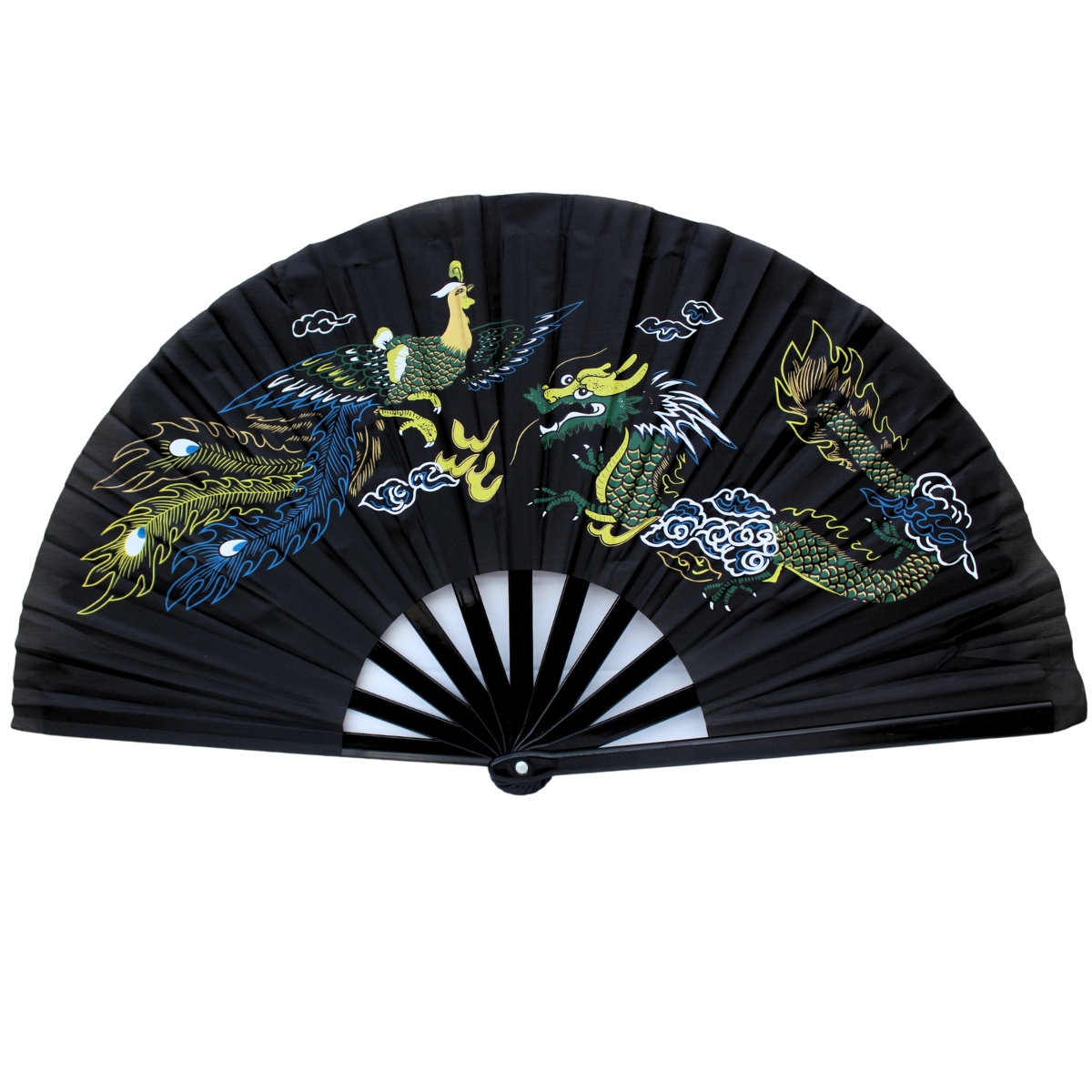 Leque Oriental com Desenho de Dragão e Fênix - Preto Versão 2