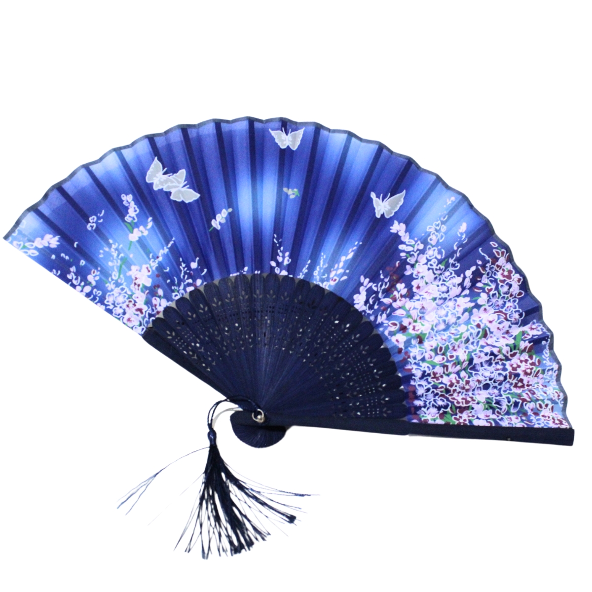 Leque Pequeno Oriental - Azul com Borboletas e Flores 38cm