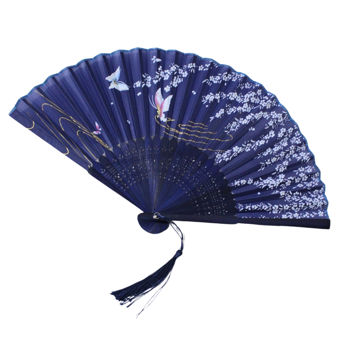 Leque Pequeno Oriental - Azul Marinho com Flores e Borboletas 38cm