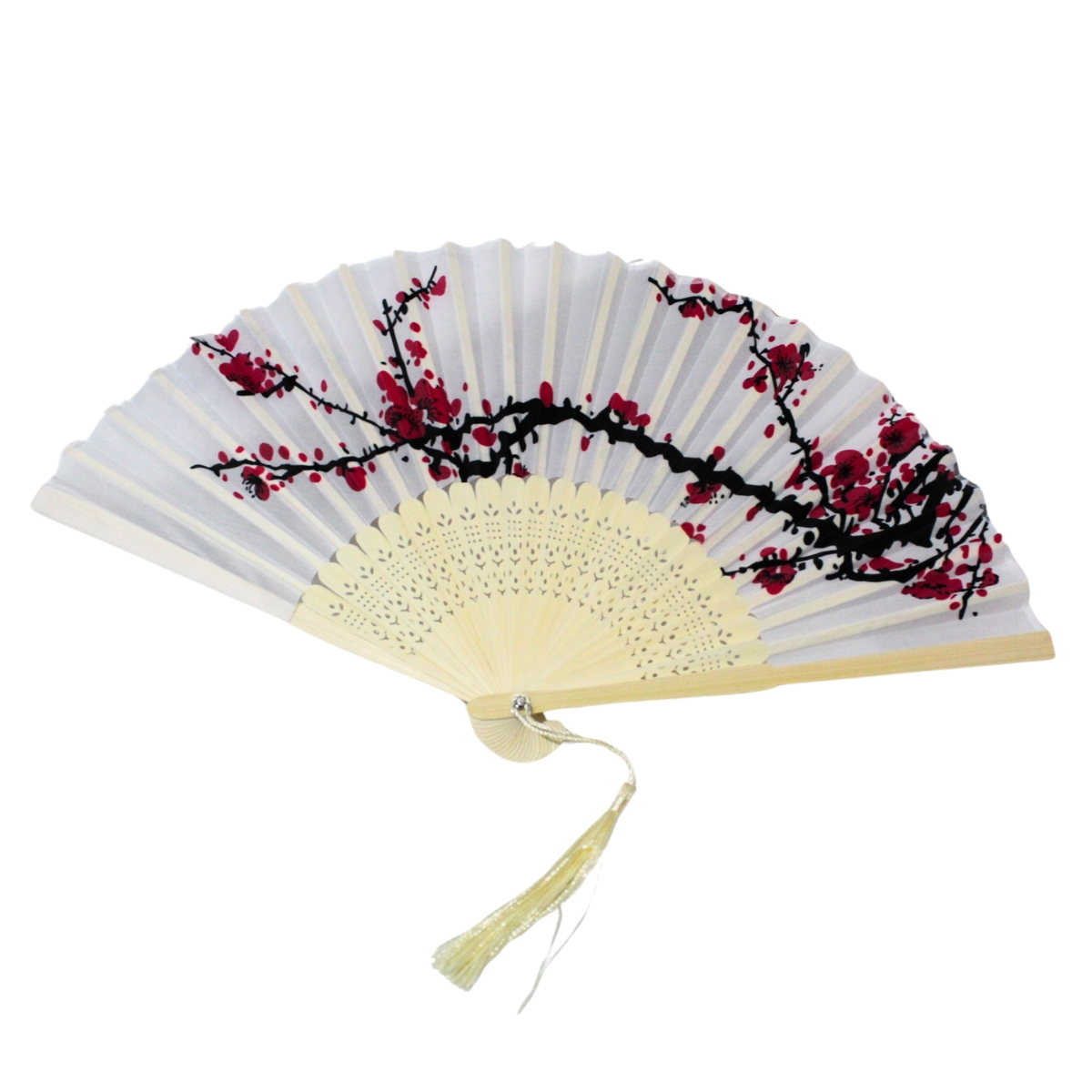 Leque Pequeno Oriental - Branco com Flores 38cm