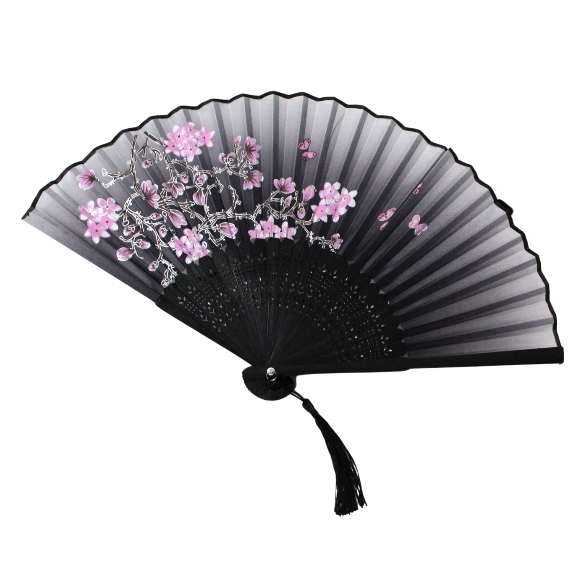 Leque Pequeno Oriental - Preto com Flores 38cm