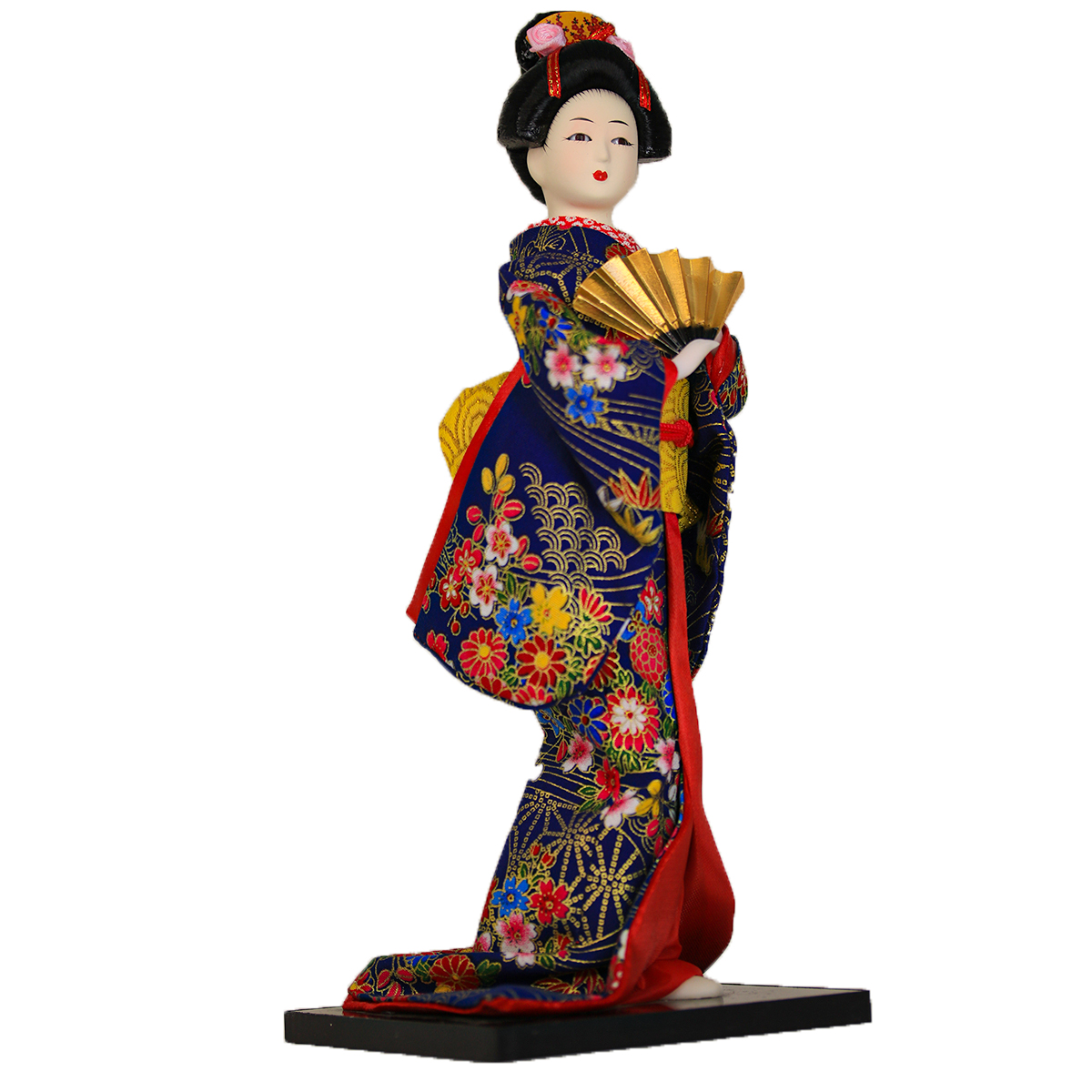 [ PEQUENOS DEFEITOS ] Boneca Japonesa Gueixa Artesanal com Kimono Azul  Flores e Leque Dourado