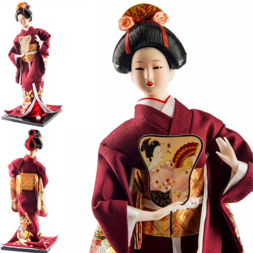 [ PEQUENOS DEFEITOS  Boneca Japonesa Gueixa Grande Artesanal com Kimono Vinho e Leque Retangular - 43cm