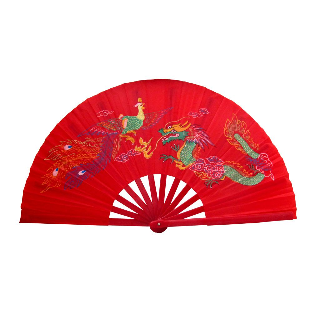 [ PEQUENOS DEFEITOS ] Leque Oriental com Desenho de Dragão e Fênix - Vermelho