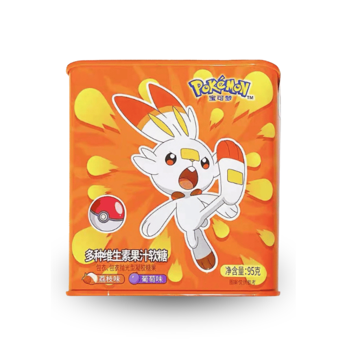 Bala de Goma em Lata Pokemon Scorbunny Sabores Lichia e Uva - 95 gramas
