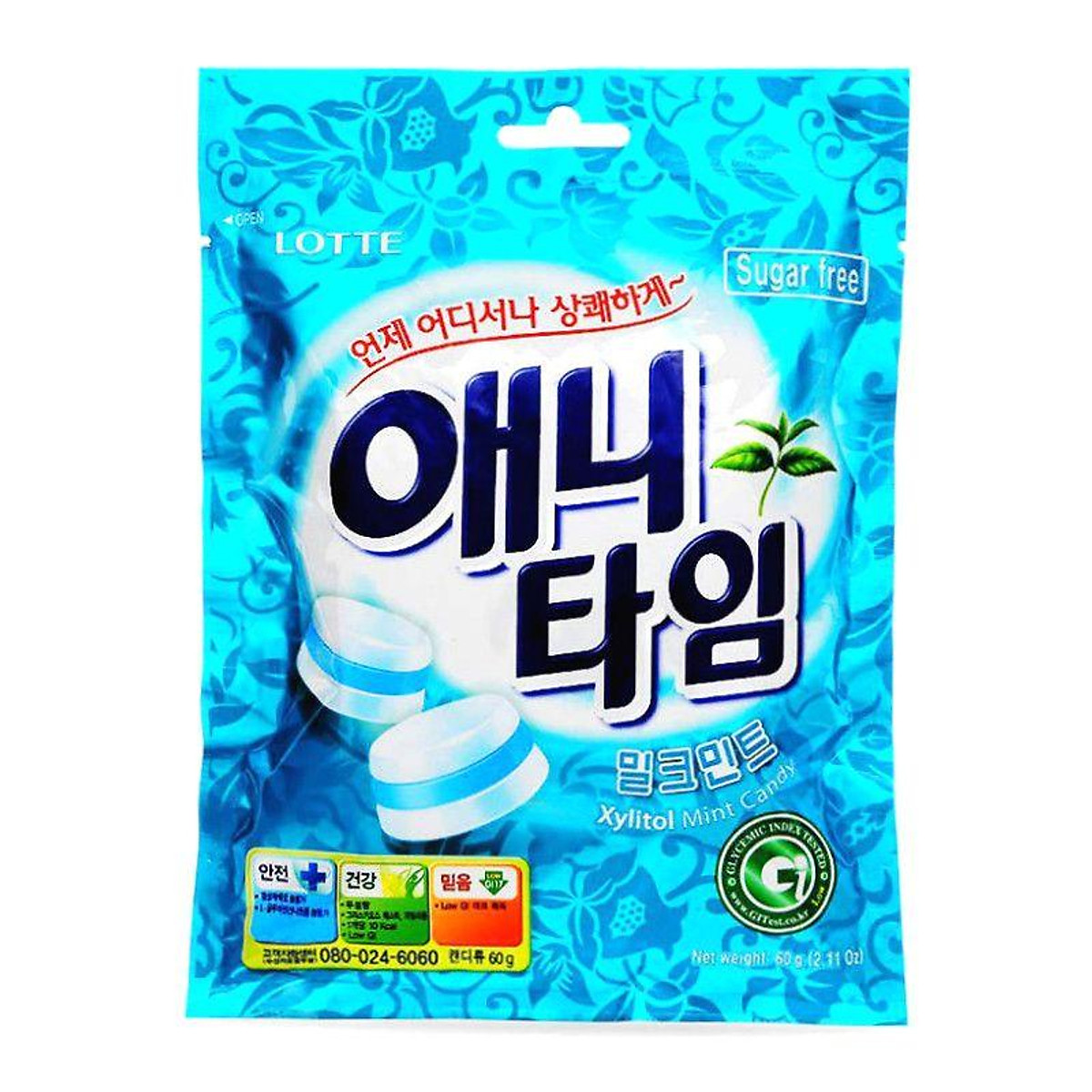 Bala Diet Anytime Sabor Leite e Menta  Milk Mint Lotte - 60 gramas