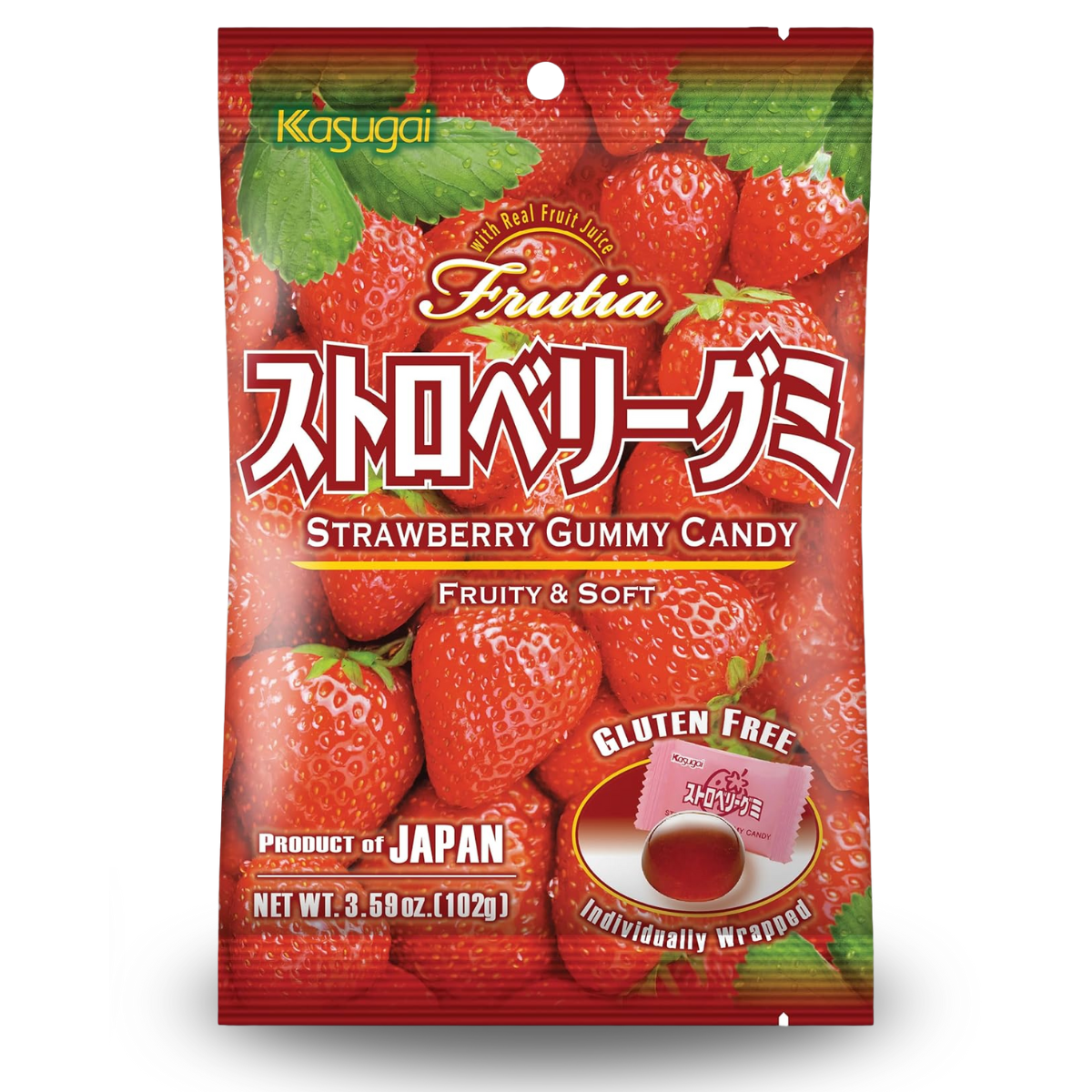 Bala Japonesa de Goma Sabor Morango Sem Glúten Kasugai - 102 gramas