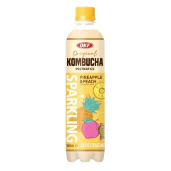Bebida Gaseificada de Chá Kombucha com Abacaxi e Pêssego OKF - 500 mL Bebida Gaseificada de Chá Kombucha com Abacaxi e Pêssego OKF - 500 mL