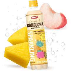 Caixa de Bebida Gaseificada de Chá Kombucha com Abacaxi e Pêssego OKF 500 mL - 24 Garrafas