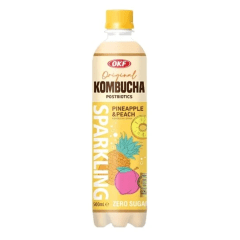 Caixa de Bebida Gaseificada de Chá Kombucha com Abacaxi e Pêssego OKF 500 mL - 24 Garrafas