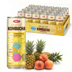 Caixa de Kombucha Gaseificada Abacaxi e Pêssego Zero Açúcar OKF 355ml - 24 Latas Caixa de Kombucha Gaseificada Abacaxi e Pêssego Zero Açúcar OKF 355ml - 24 Latas
