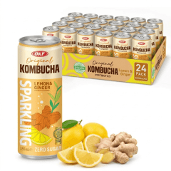 Caixa de Kombucha Gaseificada Limão Gengibre Zero Açúcar OKF 355ml - 24 Latas Caixa de Kombucha Gaseificada Limão Gengibre Zero Açúcar OKF 355ml - 24 Latas