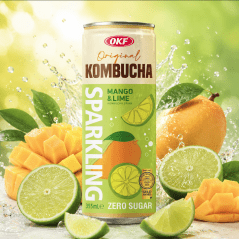 Caixa de Kombucha Gaseificada Manga e Limão Zero Açúcar OKF 355ml - 24 Latas