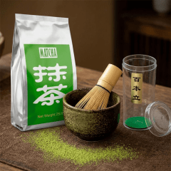 Kit Chá Verde em Pó Matcha 250g + Chasen Misturador de Bambu Tradicional
