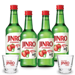 Kit de Soju Importado Jinro com 4 Garrafas 360mL + 2 COPOS BRINDE ( SABOR MORANGO)