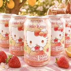 Refrigerante com Boba Explosiva Hello Kitty Sabor Morango e Limão Amandier - 330ml