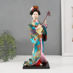 Boneca Japonesa Gueixa Artesanal com Kimono Azul Claro e Sanshin - 30cm