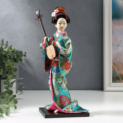 Boneca Japonesa Gueixa Artesanal com Kimono Azul Claro e Sanshin - 30cm