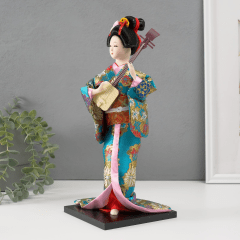 Boneca Japonesa Gueixa Artesanal com Kimono Azul Claro e Sanshin - 30cm