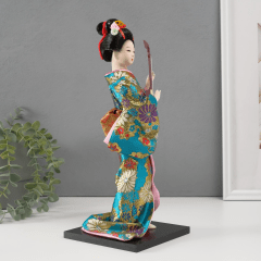 Boneca Japonesa Gueixa Artesanal com Kimono Azul Claro e Sanshin - 30cm