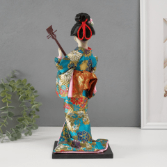 Boneca Japonesa Gueixa Artesanal com Kimono Azul Claro e Sanshin - 30cm