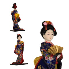 Boneca Japonesa Gueixa Artesanal com Kimono Azul  Flores e Leque Dourado - 30cm