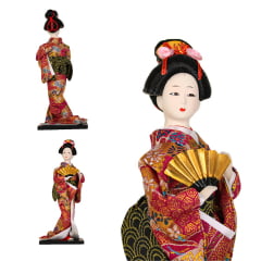Boneca Japonesa Gueixa Artesanal com Kimono Pink e Leque Dourado - 30cm