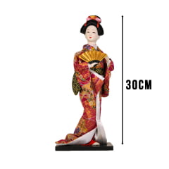 Boneca Japonesa Gueixa Artesanal com Kimono Pink e Leque Dourado - 30cm