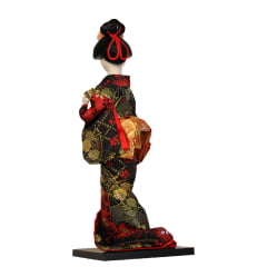 Boneca Japonesa Gueixa Artesanal com Kimono Vermelho Preto e Leque Dourado