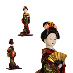 Boneca Japonesa Gueixa Artesanal com Kimono Vermelho Preto e Leque Dourado