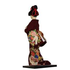 Boneca Japonesa Gueixa Artesanal com Kimono Vinho e Leque Redondo - 30cm