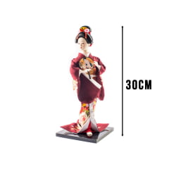 Boneca Japonesa Gueixa Artesanal com Kimono Vinho e Leque Redondo - 30cm