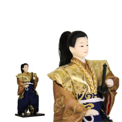 Boneco Japonês Samurai com Kimono Azul, Marrom,  Dourado e Espada Oriental - 30 cm