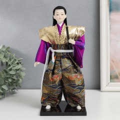 Boneco Japonês Samurai com Kimono Azul, Roxo e Dourado - 30 cm