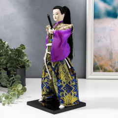 Boneco Japonês Samurai com Kimono Azul, Roxo e Dourado - 30 cm