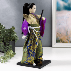 Boneco Japonês Samurai com Kimono Azul, Roxo e Dourado - 30 cm