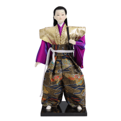 Boneco Japonês Samurai com Kimono Azul, Roxo e Dourado - 30 cm