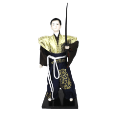 Boneco Japonês Samurai com Kimono Dourado, Marrom Liso e Azul - 30 cm