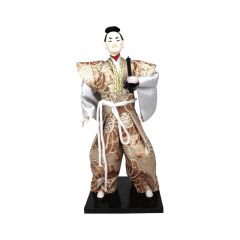 Boneco Japonês Samurai Invocado com Kimono Dourado Alaranjado e Branco Oriental - 30 cm