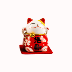 Gato da Sorte Oriental Maneki Neko Cerâmica  - VERMELHO - Dinheiro