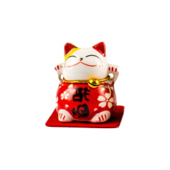 Gato da Sorte Oriental Maneki Neko Cerâmica  - VERMELHO - Dinheiro